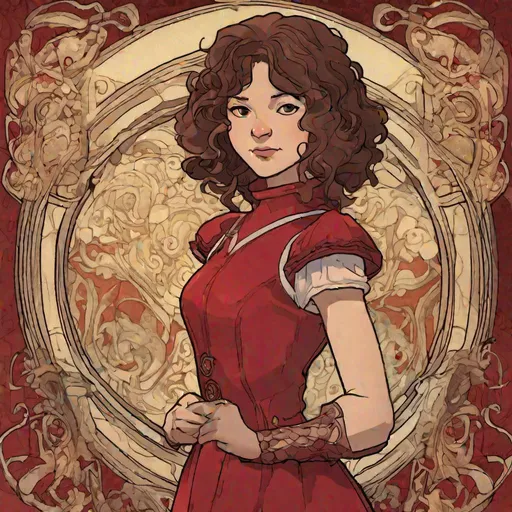 Prompt: Nyssa of Traken from Doctor Who with curly brown hair, in a red velvet dress, by Hayao Miyazaki, in an art nouveau style.