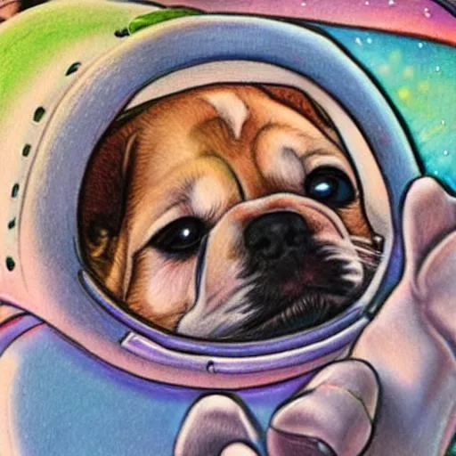 Prompt: illustration,  puppy in a spaceship, cartoon, pastel colors, detailed, realistic