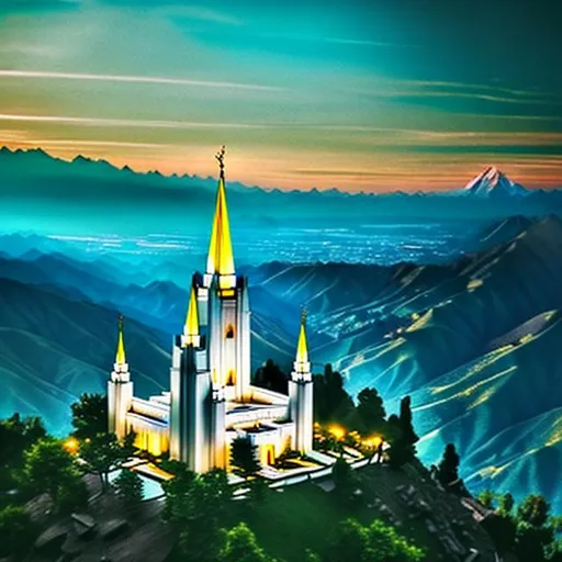 Prompt: romanticism lds temple on top of mountain