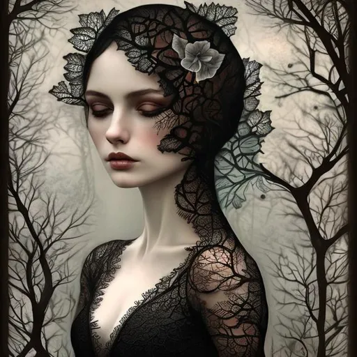 Prompt: "black lace, leaves, detailed, on white background, surreal, intricate, Christian Schloe art"