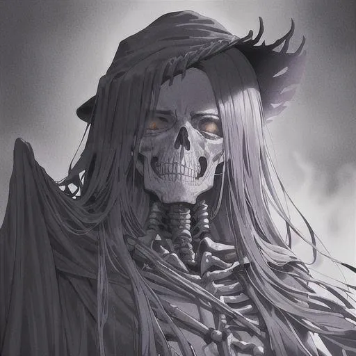 Prompt: Close-up face, HDR, high quality, hyperrealistic, 8k, good art style, good hand, detailed, detailed face, skeleton

The Death Reaper is a haunting figure that embodies mortality and the transition from life to death. Cloaked in tattered, flowing robes as black as night, its skeletal frame is visible beneath. Glowing eyes pierce through the darkness, while wisps of mist and shadows surround its form. The Reaper wields a wicked, silvery scythe, and its presence evokes a chilling atmosphere. Its footsteps echo, leaving fading shadows in its wake. The Death Reaper is a symbol of the inevitable passage from life to death, representing the mysteries that lie beyond.