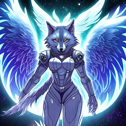 Prompt: angelic andromorphic humanoid furry wolf girl 
drone weaving the fabric of space and time and creating 