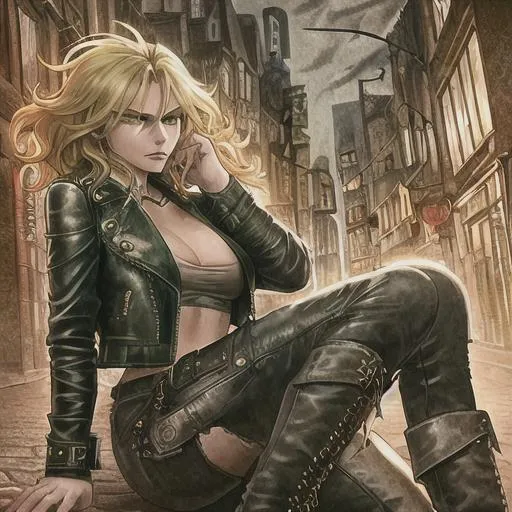 Prompt: woman, green eyes, wild blonde hair, leather jacket, ripped jeans, boots, in a haunted street 