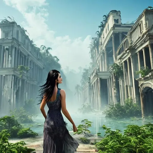Prompt: woman with crazy long black hair in dress walks in a ruined city taken over by lush plants trees water blue sky  beautiful misty blue sky blue