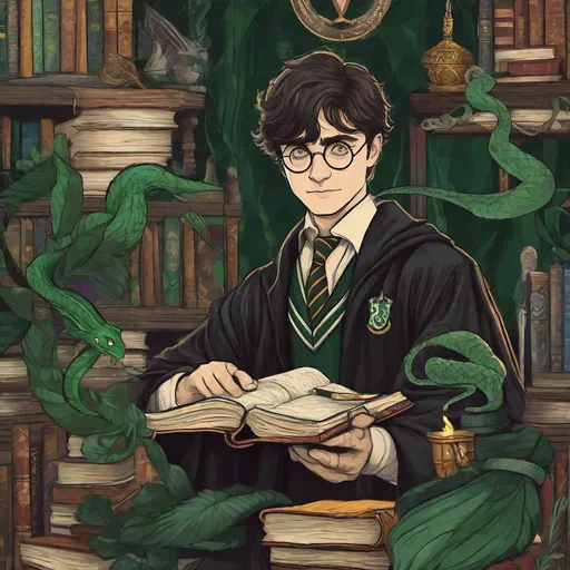 Prompt: harry potter but a slytherin, bitter and a bit psychotic, art