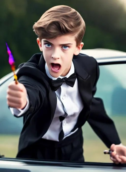 Prompt: Attractive 16 year old boy in a tuxedo driving a car angry and waving his magic wand at a bad driver from out of his window. He is getting ready point his wand and cast a spell on the driver. Sparkling magic is starting to form on the tip of his magic wand.