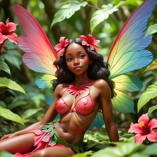 Prompt: vibrant inkpunk style photo of a Vanuatuan woman sunbathing among leaves and flowers, full body length fairy wings on the middle of her back made of rhodonite, feeling pleasure, detailed facial features of pleasure, traditional Vanuatuan fairy clothing, dreaming of six hearts, blooming hibiscus in the background, blooming hibiscus in the foreground, enormous fairy wings, beautiful colors, big wings, high quality, entire body length large detailed wings, elegant, professional, atmospheric lighting, dreaming of six hearts