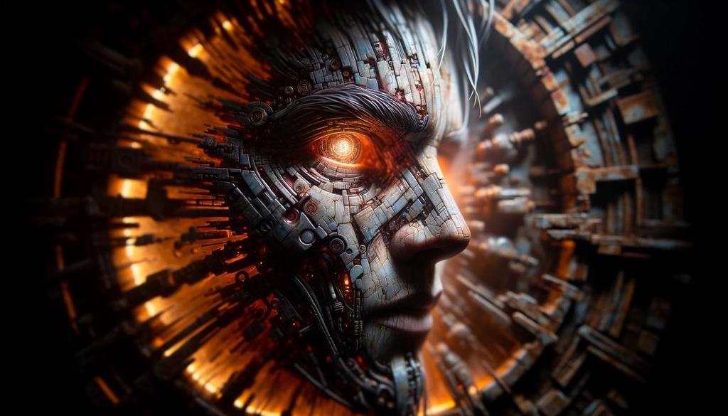 Prompt: Wide depiction of a cyberpunk-inspired face artwork. The image, rendered with the clarity of 32k UHD, showcases a detailed face juxtaposed against a background of rusty fragments. Backlighting creates a dramatic ambiance, emphasizing the depth of the face. This realistic fantasy creation marries traditional art with technological elements. The tilt-shift lens technique adds depth, blurring the edges and focusing on the main subject.