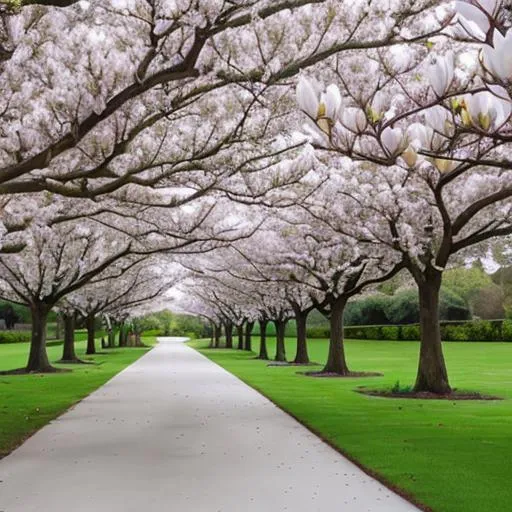 Prompt: long driveway lined with magnolia trees
