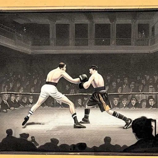 Prompt: A dimly lit photo of a boxing match from 1800 in New York with cigarette smoke in the air 