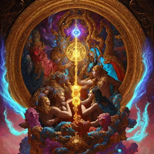 Prompt: Cosmic deity creating Good and Evil, light and darkness, debate, eternal conflict of good and evil, (3 persons), vibrant colours, majestic, beautiful, Maximalist oil on canvas painting, in the style of Paul Gustave Dore, 3D trending on Artstation CryEngine,