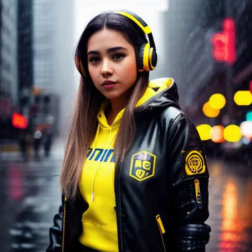 Prompt: high detailed, full body, girl character, cyberpunk city, rain, yellow jacket, long hair, headphones, cute face

