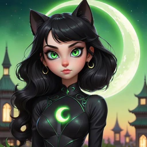 Prompt: a girl with black hair and green eye in a black cat suit standing next to  a crescent moon her green eye glowing 
