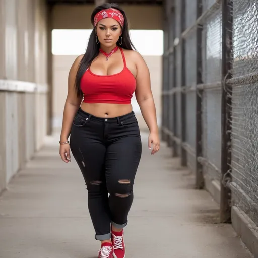 Prompt: Beautiful Gorgeous attractive woman walking down death row prison, detailed clothing, wearing Red crop top black jeans thick lady lumps Curvy body, tanned skin, pretty face, realistic, natural lighting, revealing skin Red bandana tied
Around chest showing off her hi top sneakers Curvy body skin revealing crop top thighs thick