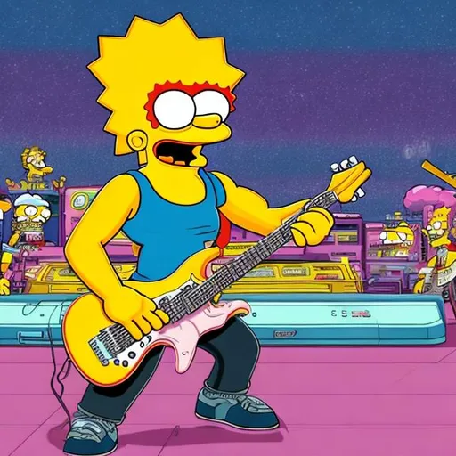 Prompt: Bodybuilding Lisa Simpson playing guitar for tips in a busy alien mall, widescreen, infinity vanishing point, galaxy background