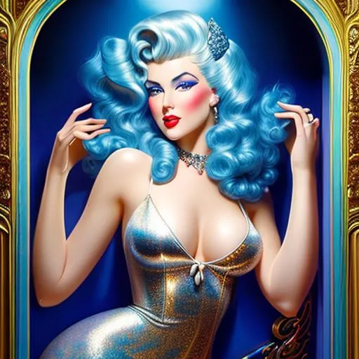 Prompt: Pin-up, (((hyperrealistic))), (((feet and head visible))), with turbulent blonde hair, blue eyes are drop shaped and slanted, exagerated wide hips, exagerated well endowed, wears a (((translucent negligee))), pearl necklace, hands placed on both sides of a doorframe, by Andrew Adroschenko, Josephine Wall,  Android Jones , makoto shinkai 