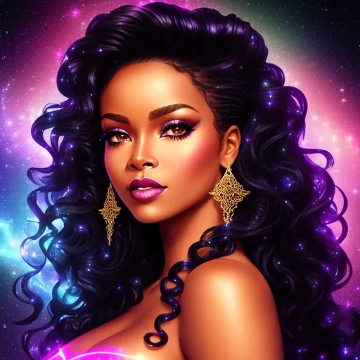 Prompt: 3/4 view face of a woman who looks like Rhianna,  ++(((small breasts))), ++(((flat chest))),((wide nose)), ((black skin)), ((intricate long flowing curly
 hair)), (filigree hair decoration), sparkling veils, ethereal, luminous, fireflies, galaxy background, neon light trails, glowing, nebula, dark contrast, celestial, trails of light, sparkles, 3D lighting, celestial, gold filigree, soft light, stained glass halo, vaporwave, fantasy