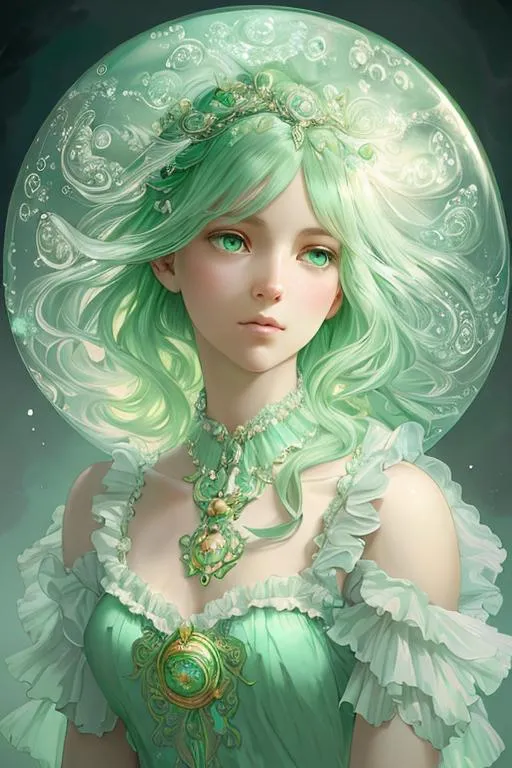 Prompt: portrait of magical young girl, dreamy and ethereal, mint green accents, peaceful expression, ornate frilly dress, fantasy, intricate, elegant, rainbow bubbles, highly detailed, digital painting, artstation, concept art, smooth, sharp focus, illustration, art by artgerm and greg rutkowski and alphonse mucha,  masterpiece