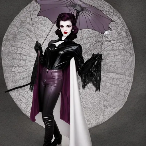 Prompt: Half Vampire. 
Pale purple skin. 
Black hair with Victory rolls. 
Holding a black lace parasol. 
Wearing black leather riding boots. Wearing white riding pants. Wearing burgundy velvet cape.