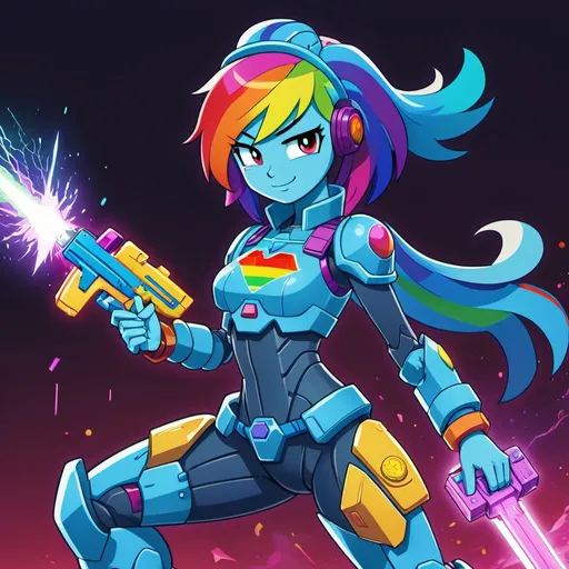 Prompt: cyberpunk equestria girls rainbow dash with rainbow hair and blue skin, wearing tech armor and wielding a laser knife