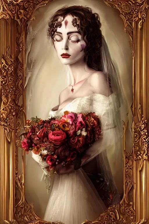 Prompt: Oil painting a beautiful Victorian bride, by Tim Burton and Artgerm award-winning cgi, photoshop 