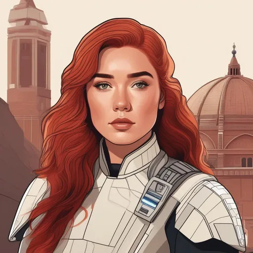 Prompt: illustration of a star wars character based on florence pugh but with red hair