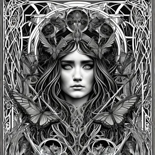 Prompt: ultra realistic black and white coloring page with raven face goddess of death surrounded by butterfly's in art nouveau plus digital art style