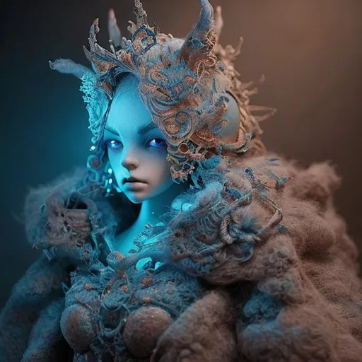 Prompt: needle-felted fantasy figures, blue, intricate details, insane details, volumetric lighting