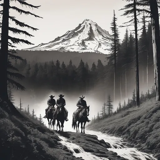 Prompt: forearm sleeve tattoo, two cowboys on horseback riding through a pacific northwest tall forest towards mount hood in the distance