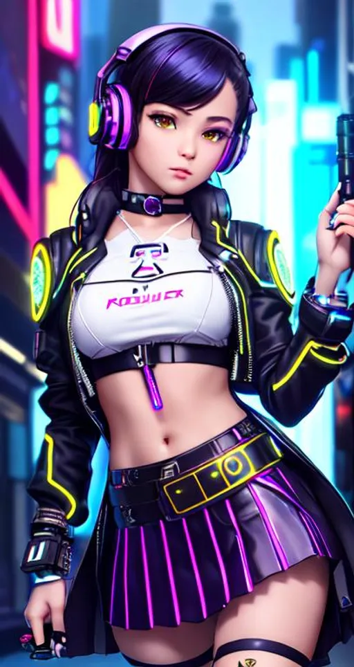 Prompt: [[[[[[[[Rogue Ghost based prompt]]]]]]]] a cyberpunk styled human cyborg with cute female face, young schoolgirl wearing futuristic tactical headphones, armored tight blazer with golden and silver decorations, iron pleated mini skirt, red neon eyes, panned out view of the character, visible full body, neon light cyberpunk city street background, cyberpunk police car, futuristic high colar cyber tech, UHD, 8K, highly detailed
