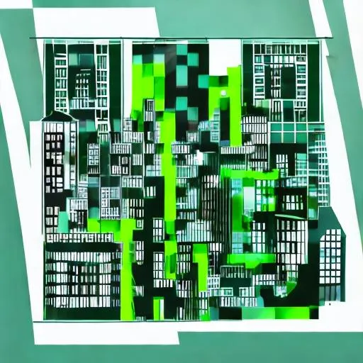 Prompt: Buildings with windows of different currencies and growth line chart in green color