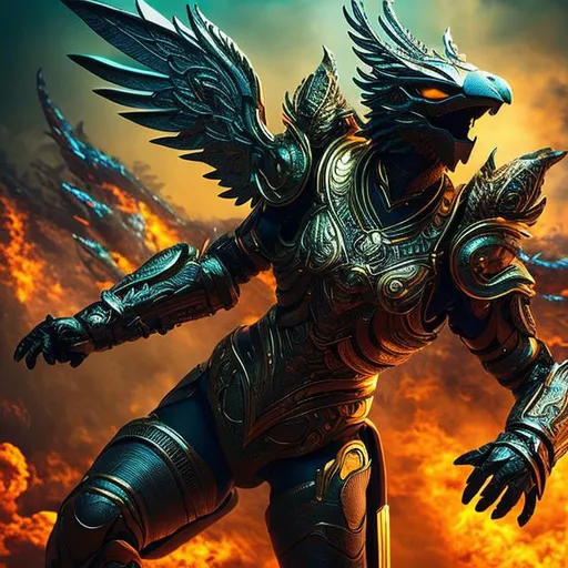 Prompt: Garuda, front, full body, Epic action pose, epic Instagram, Queen of the Stoneage, solar punk, fog, dusk, Twilight, hyperdetailed, intricately detailed, Hyperrealistic, fantastical, intricate detail, make me an image that symbolized human vs AI, complementary colors, concept art, 8k, masterpiece, oil painting, heavy strokes, splash arts, Blood moon, lsd as a person, testp