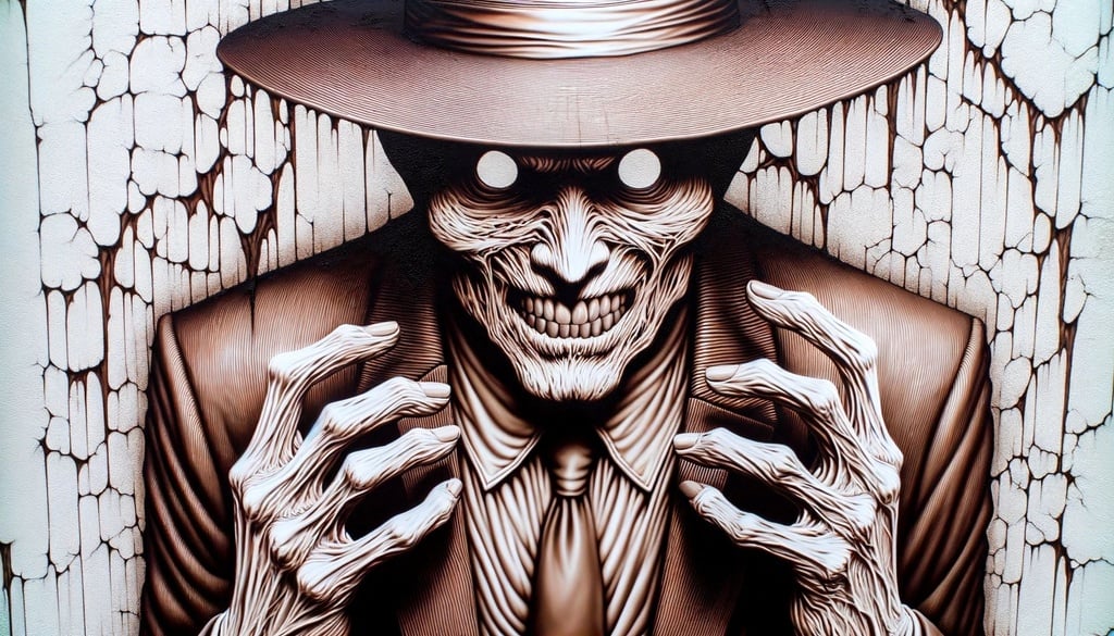 Prompt: a man in a hat is painted on a wall, in the style of zbrush, horror manga, white and bronze, multilayered, backlight, sharp, vibrant illustrations in wide ratio