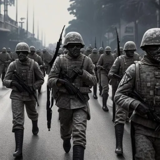 Prompt: A column of soldiers marching down a road realistic masks assault rifles in hands. Black and grey gloomy detailed uniforms.