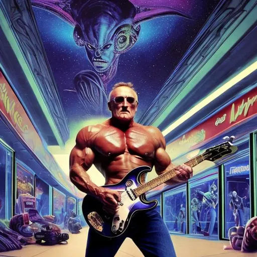 Prompt: Bodybuilding dennis hopper, playing guitar for tips in a busy alien mall, widescreen, infinity vanishing point, galaxy background