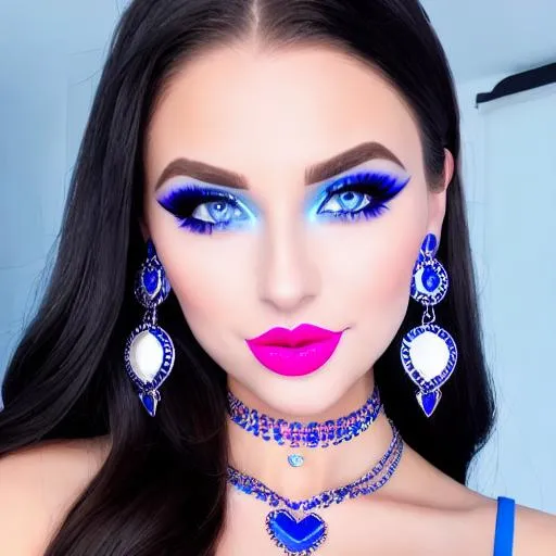 Prompt: Andrea Storm Kaden eating ice cream, blue lipstick, Glowing Large, Gown, blue heart necklaces, pleasant face, blue eyes, Black-purple eyeshadow, long ice earrings. Cold color scheme, ultradetailed, 8k resolution, perfect, smooth, high quality, shiny. 