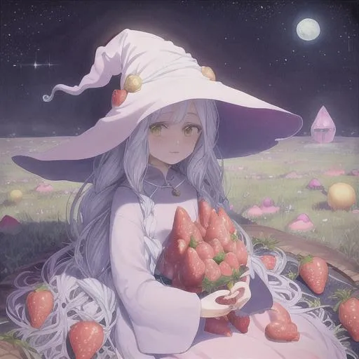 Prompt: Witch, aesthetic, pastel, beautiful, painting, strawberries, cute, soft, lemons, art, sweet, milk, crystals, highres, illustration, Steven universe, moon, stars, space, sci fi, alien, ghibli