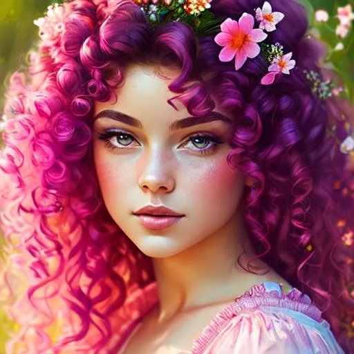 Prompt: a young fairy of spring, very curly hair, pink glow on cheeks,wildflowers, vivid colors, closeup