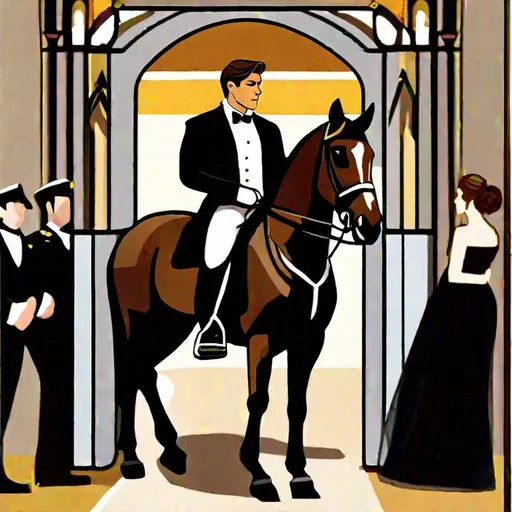 Prompt: Caleb  as a police officer (brown hair) (brown eyes) wearing a tuxedo, full body, ((riding a horse, pulling back on the reins, making the horse stand on its hind legs rearing up)) two large doors directly behind him, center, front-facing, stopping a wedding, objecting, still image, standing in the altar room