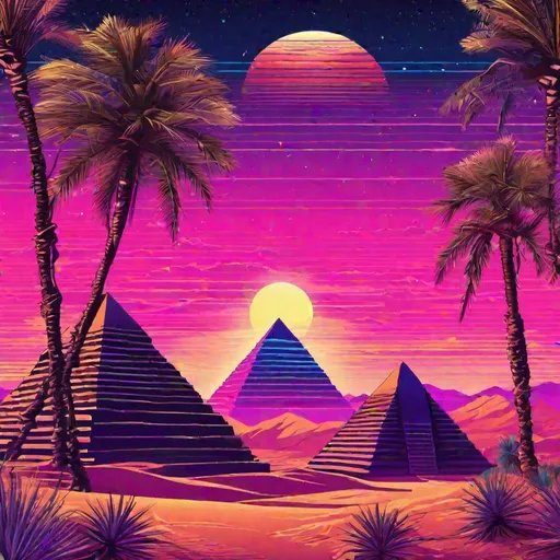 Prompt: vapor wave desert scene, pyramids, highly detailed, palm trees, night sky, synthwave retro art
