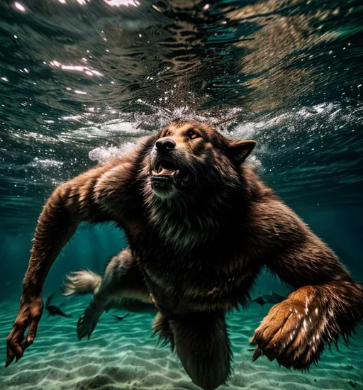 Prompt: Werewolf swimming underwater 