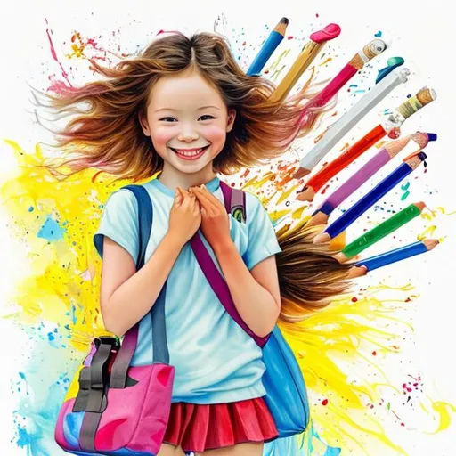 Prompt: happy painted with pencils girl, buyng a big sport bag, picture full of yellow, red, light blue, very dynamic, size 840 x 1157 mm
