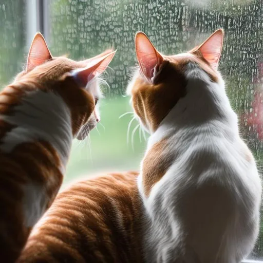Prompt: two cats looking out the window at the rain