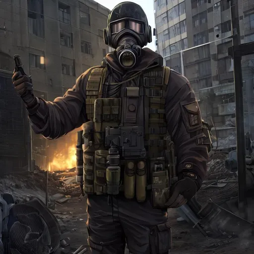 Prompt: Man,post-apocalyptic, art station, Scavenger, Military Coat, gas mask, S.T.A.L.K.E.R

