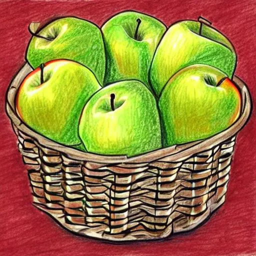 Prompt: A drawing of a basket with 6 apples 8n it
