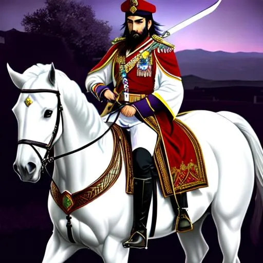 Prompt: A dark elf wearing a white and purple world war 1 style ottoman soldier uniform, holding an arabian sword, riding on a white horse. with black hair and a long black beard