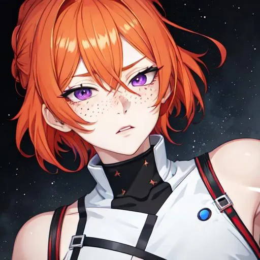 Prompt: Erikku male adult (short ginger hair, freckles, right eye blue left eye purple) UHD, 8K, Highly detailed, insane detail, best quality, high quality, anime style, exhausted