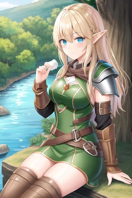 Prompt: Cute Wood Elf wearing leather armor sitting near the river edge