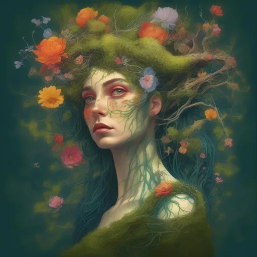 Prompt: A colourful and beautiful Persephone, a tree woman, with bark for skin, branches growing out of her head as hair, moss and flowers growing on her, and flowers and moss for a dress on her in a painted style