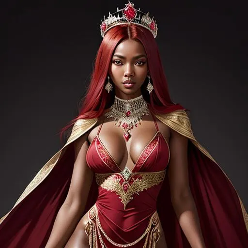 Prompt: beautiful and elegant ruby Goddess (skinny black skinned fashion model) with ruby red hair, ruby red eyes, and cute face, show full body, jeweled face and crown, plunging neckline,  transparent background, perfect composition, hyperrealistic, super detailed, 8k, high quality, trending art, trending on artstation, sharp focus, studio photo, intricate details, highly detailed, by greg rutkowski and BD Zhandt